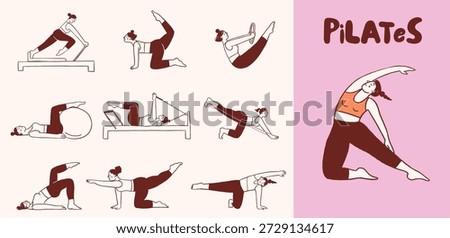 Pilates poses illustrations collection. Minimalist drawings of women exercising and stretching. Modern vector infographic.