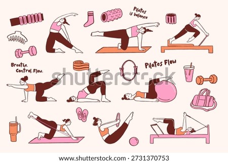 Pilates poses illustrations collection. Minimalist drawings of women exercising and stretching. Modern vector infographic.
