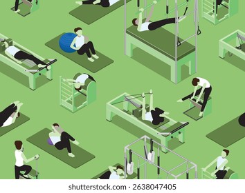 Pilates Poses Machine Isometric Poses Green Seamless Pattern Background Wallpaper