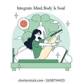 Pilates practice emphasizing the connection between mind, body, and soul. The illustration shows a person exercising on a reformer, promoting physical and mental wellness. Ideal for fitness and
