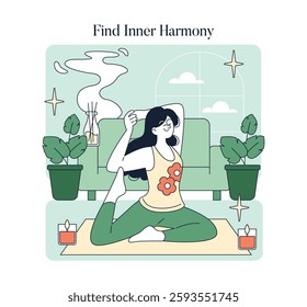 Pilates practice for inner harmony depicted in a serene home setting. A person performs a yoga pose surrounded by plants and candles, promoting relaxation and mindfulness. Vector illustration.