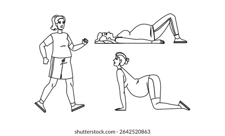 pilates pregnant fitness exercises vector. stretching cardio, strength flexibility, breathing relaxation pilates pregnant fitness exercises character. people black line pencil drawing illustration