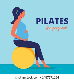 Pilates for Pregnant. Pregnant Woman Sitting on Yellow Gymnastic Ball. Sports Training for Women. Vector Illustration. Time for Fitness. Healthy Lifestyle. Fitness Girl. Pregnant Women Huge Belly.
