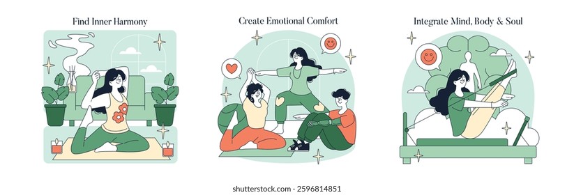 Pilates promotes inner harmony, emotional comfort, and a holistic connection of mind, body, and soul. Engaging in these practices supports physical well-being and mental clarity. Vector illustration.