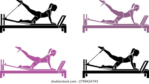 Pilates Reformer Exercise Icon Set with Woman Silhouette Working Out on Fitness Equipment Machine for Gym Studio Marketing Layouts.eps