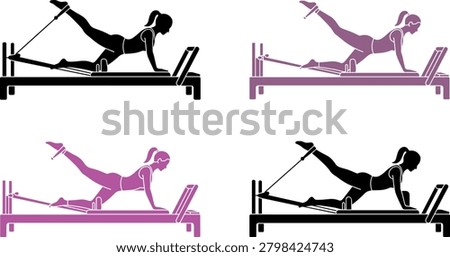 Pilates Reformer Exercise Icon Set with Woman Silhouette Working Out on Fitness Equipment Machine for Gym Studio Marketing Layouts.eps