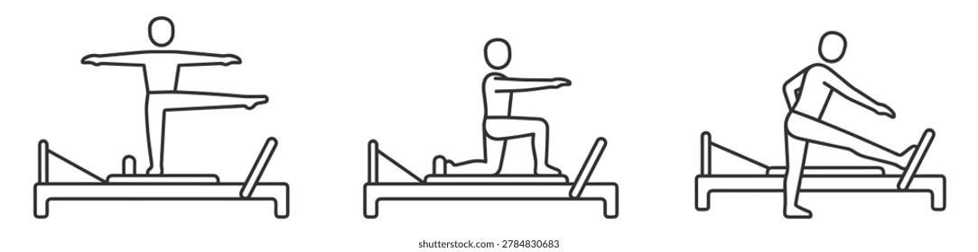 pilates reformer machine workout exercises with person outline line icons on transparent background
