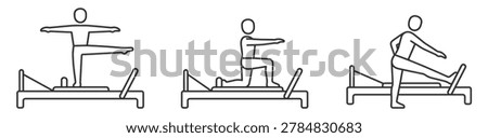 pilates reformer machine workout exercises with person outline line icons on transparent background