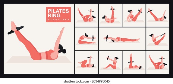 Pilates ring exercises set. Women doing fitness and yoga exercises.