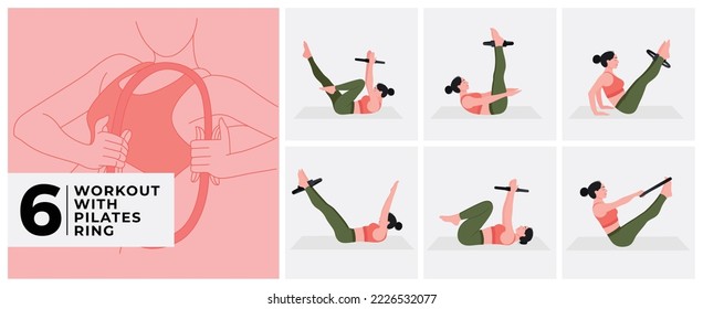 
Juego de entrenamiento del anillo de Pilates. Las mujeres entrenan fitness, aerobic y ejercicios. Ilustración vectorial.