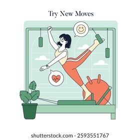 Pilates session featuring a woman joyfully trying new moves on equipment. The illustration conveys an atmosphere of health and fitness, promoting well-being through exercise and positive energy.