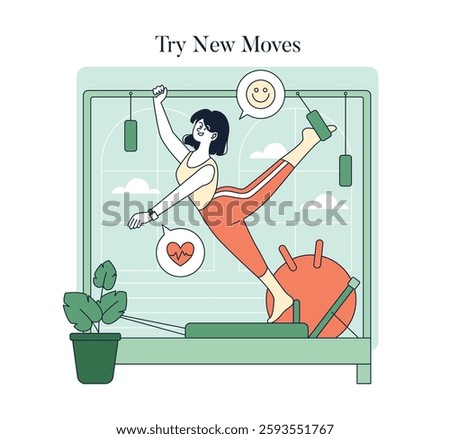 Pilates session featuring a woman joyfully trying new moves on equipment. The illustration conveys an atmosphere of health and fitness, promoting well-being through exercise and positive energy.