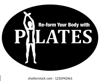 Pilates silhouette of a woman in black circle. Illustration with text:  Re-form your body with pilates. Flat graphic design. Logo for pilates. Stamp.