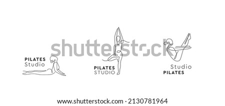 Pilates Studio Logo set. Pilates centre logotype. Vector symbol yoga. One line sign. 