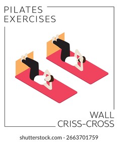 Pilates Wall Criss Cross Pose Exercise Isometric Set Vector