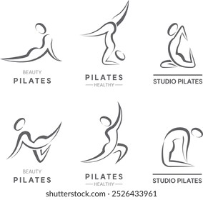 Pilates woman silhouette vector line icon set