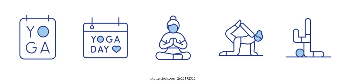 pilates, yoga, international day of yoga, meditation. Yoga Icon vector illustration. Line Duotone style. Editable stroke.