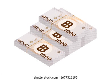 pile 1000 Baht Banknote Money Thai isolated on white, Thai Currency One Thousand THB, Money Thailand Baht Stack for icon, illustration Paper Money with B symbol graphic, vector