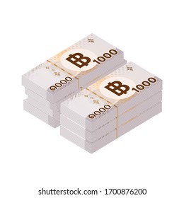 pile 1000 baht banknote money thai isolated on white, thai currency one thousand THB, money thailand baht heap for icon, illustration paper money with B symbol graphic, vector