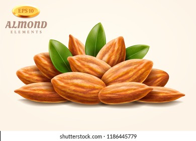 Pile of 3d almond nuts or heap of realistic shelled hazelnuts with leaves, walnut seed or fruit kernel snack. Natural and healthy food, vegetarian or vegan nutrition, vitamin and diet, agriculture