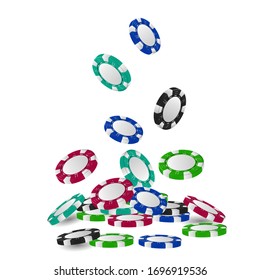 Pile of 3d gambling tokens or heap of falling realistic casino chips, volumetric roulette and blackjack, sport poker money or cash. Gamble and success, winner and luck, entertainment theme