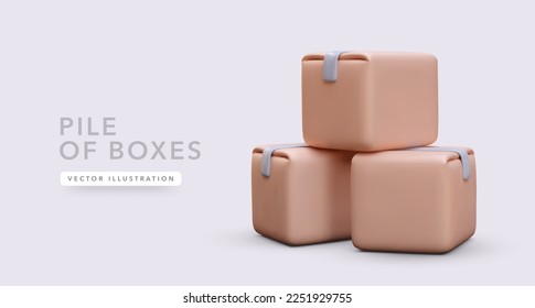Pila de cajas 3d realistas con sombra aislada en el fondo de la luz. Ilustración del vector