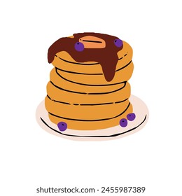 Pile of american pancakes with berries and chocolate toppings. Stack of hotcakes, flapjacks, griddlecakes with syrup, blueberries. Breakfast eating, food. Flat isolated vector illustration on white