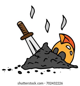 Pile of ash. Burnt Knight. Sword and helmet on the hill of ash. Vector illustration.