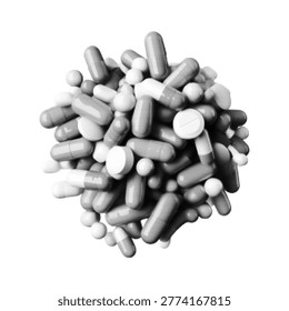 Pile of assorted pills and capsules in halftone monochrome style, pharmaceutical concept, medication background isolated on light backdrop