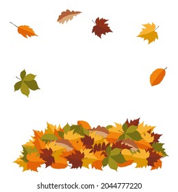 Pile of autumn colored leaves isolated on white background. Vector illustration.