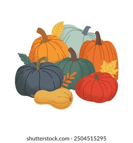 Pile of autumn pumpkins on white background. Autumn vector illustration with texture