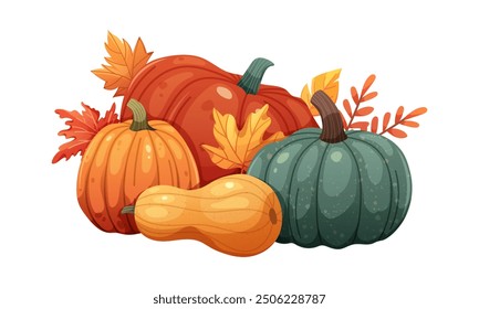 Pile of autumn pumpkins with yellow leaves on white background. Vector fall illustration, hello autumn