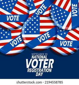 Pile Of Badge Pins Decorated With The American Flag And Containing The Word Vote With Bold Text On Dark Blue Background To Commemorate National Voter Registration Day On September 20