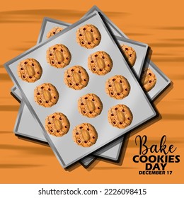 Blätter, gefüllt mit frisch gebackenen Mandelkeksen auf braunem Holztisch mit feinem Text zum Feiern des "Bake Cookies Day" am 18. Dezember 