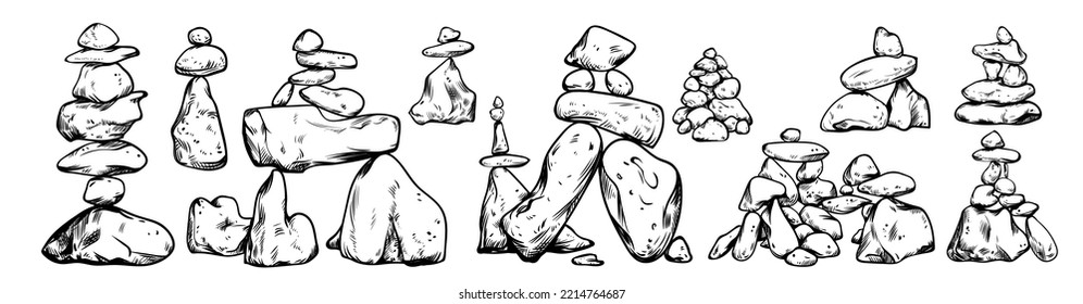 Pile of balance stones, outline icon set vector illustration. Abstract stack of round pebbles, hand drawn rocks of different shapes, heap of sea cobbles in row. Zen buddhism, meditation concept