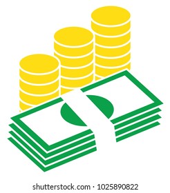 Pile of bank notes or bills and coins stacked. Currency icon or logo vector. Symbol for banking or finances.