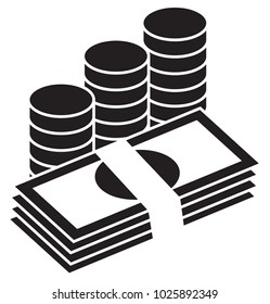 Pile Of Bank Notes Or Bills And Coins Stacked. Currency Icon Or Logo Vector. Symbol For Banking Or Finances.