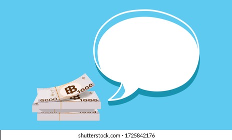 pile banknote money 1,000 baht thai and speech bubble, copy space, currency stack of one thousand THB type on light blue, bank note money thai baht for business finance banner background, vector