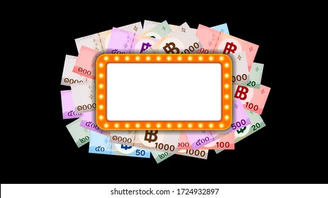 pile banknote money thai baht and orange glowing frame for banner background, money THB and casino vintage frame sign, copy space, banknote money and glowing frame sign retro, vector
