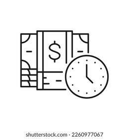 Pile von Banknoten mit Uhr, einfache Sofortkredite, Kreditzahlung, schnelles Geld lineales Symbol. Barzahlung, Papierrechnung, Design von Dollars für Symbole.