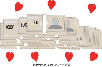 A pile of banknotes and a heart