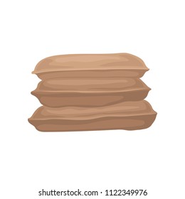Pile of big burlap sacks. Three brown textile brown bags with grain or flour. Flat vector element for poster or banner