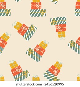 Montón de cajas de regalo de cumpleaños sobre fondo transparente. Regalos de Navidad envueltos en papel de dibujo. Cumpleaños. Plantilla para textiles, Fondo de pantalla, embalaje, cubierta