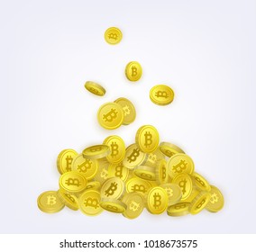 Pile of bitcoins made by falling golden coins with BTC symbol, vector illustration isolated on white background. Cryptocurrency concept, pile of golden bitcoin coins