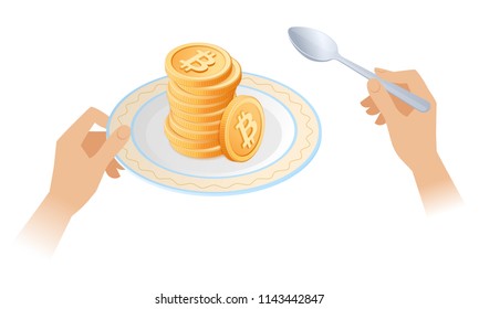 The pile of bitcoins on the dish. Businessman's hands are holding the plate with stack of cryptocurrency. Flat vector isometric business, e-commerce, blockchain, success and money concept illustration
