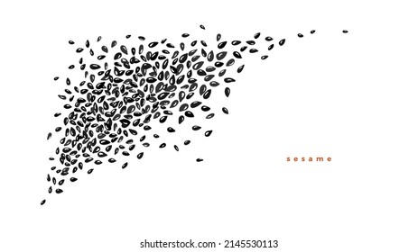 Pile of black sesame, cumin seeds, top view Vector graphic grain on white background. Vegan spice with calcium