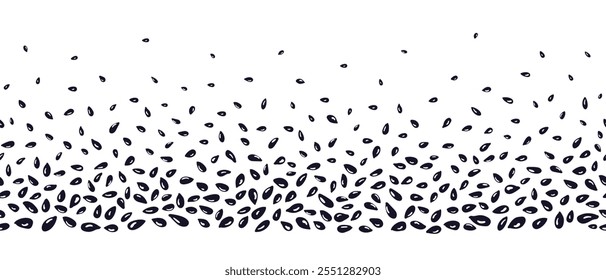 Pile of black sesame, cumin seeds border. Vector endless pattern, repeat stripe on transparent background. Chinese fried sesame balls. Graphic polka dots texture