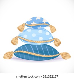 Pile of blue pillows with tassels isolated on a white background