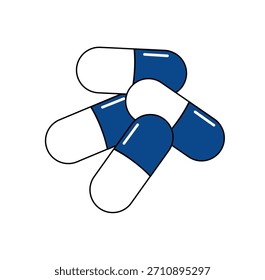 Pile of blue and white capsules. Simple, clean illustration for medical, pharmaceutical, or health concepts. Isolated on white background. with intricate details and high visual appeal.