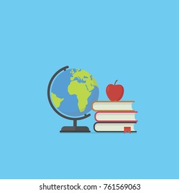 Pile of Book, apple and globe in flat style. Education Concept. Back to school illustration with many book and globe